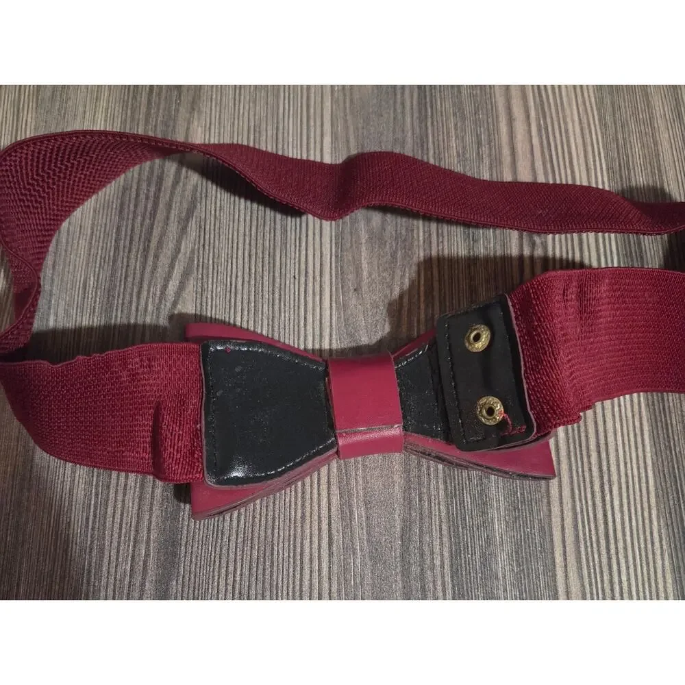Women's Red Stretch Waist Belt Wide Elastic Bow Faux Leather Snap Closure